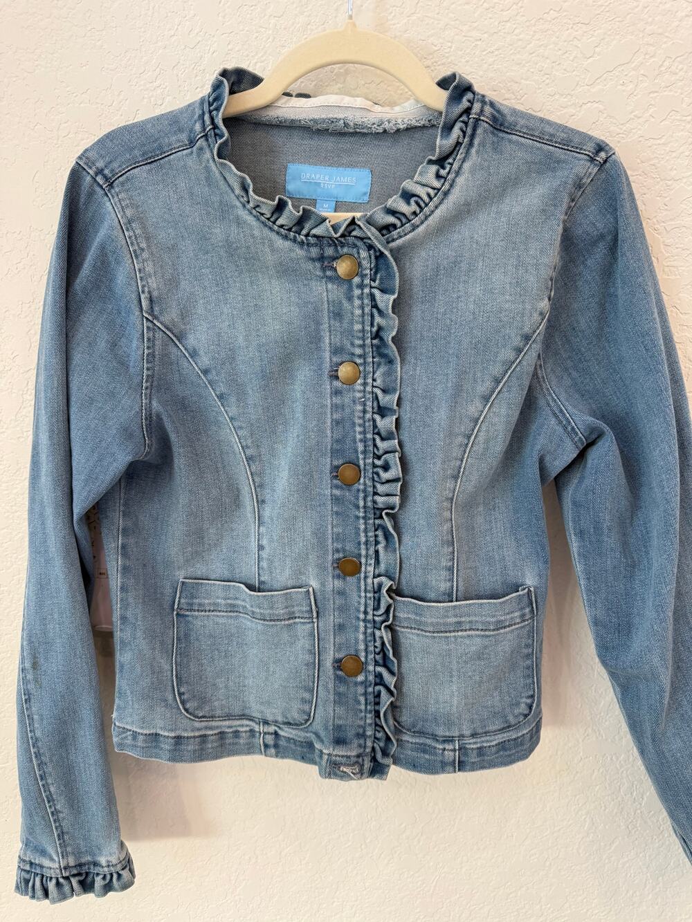Draper James RSVP Womens Ruffle Trim Denim Jaket Button Front Light Wash Medium